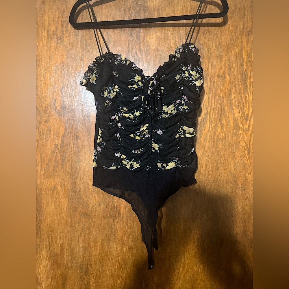 Lulu's Black Floral Ruched Sheer Bodysuit
